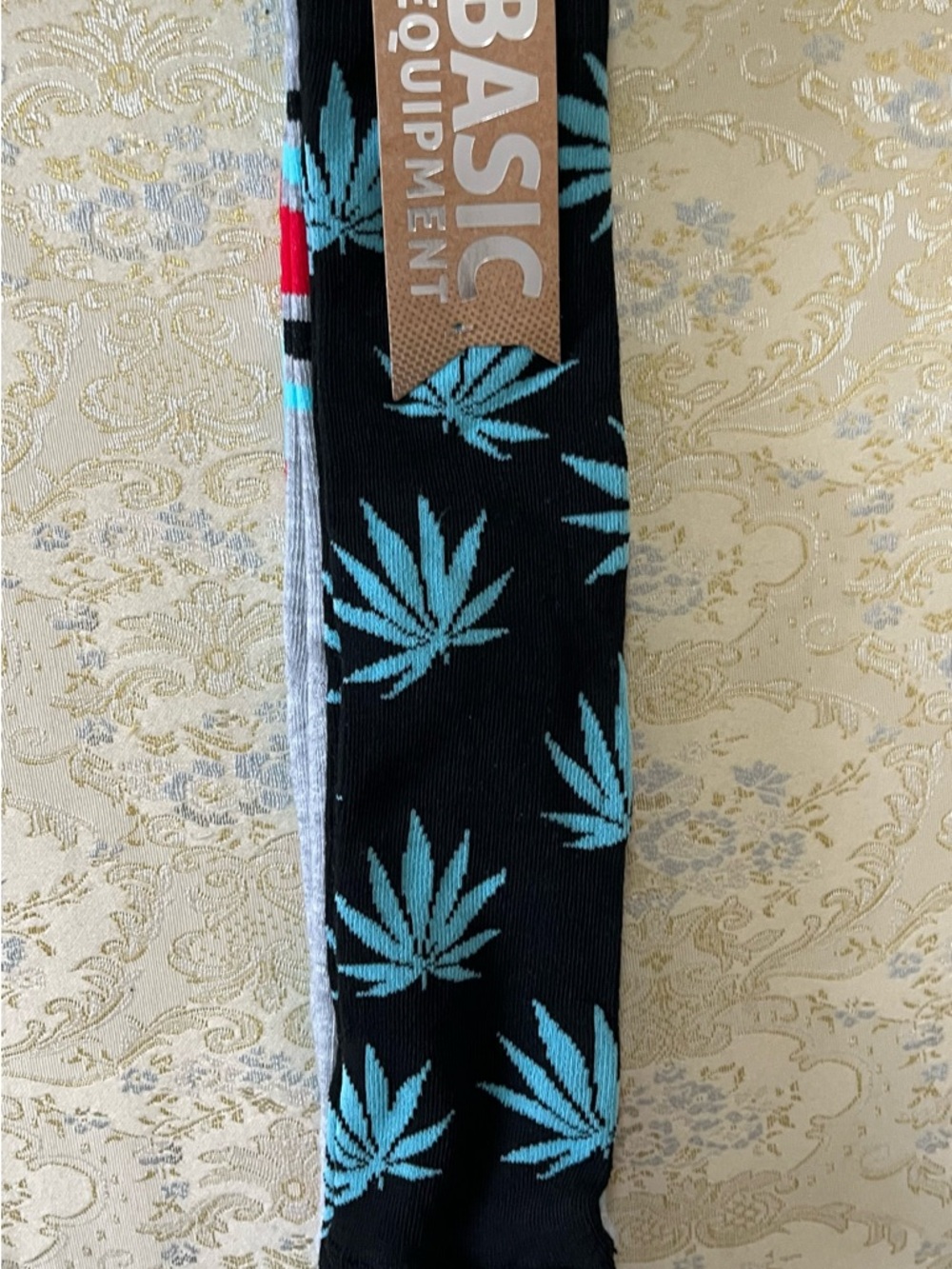 Basic Equipment Black Socks with Teal Leaf Motif